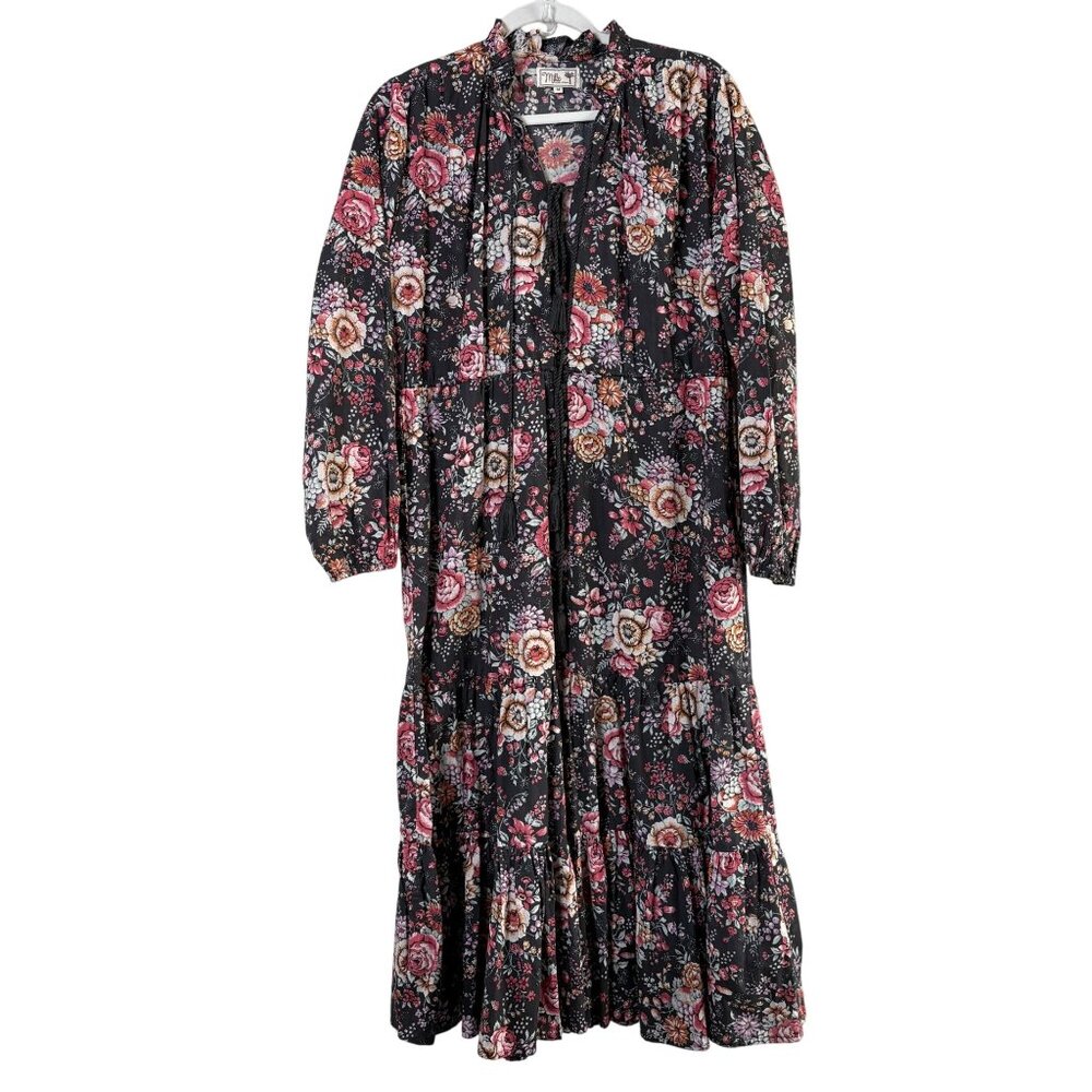Mille Astrid Tassel Midi Dress Size M Bloomsbury Floral Long Sleeve Pockets